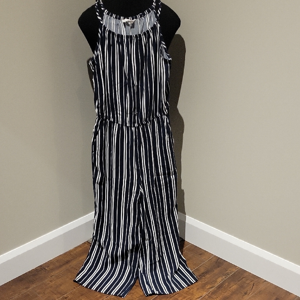 H&M Navy and White Striped Jumpsuit
